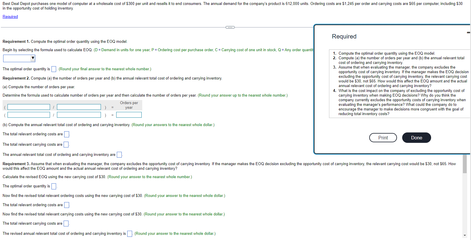 Required Requirement 1. Compute the optimal order quantity using the EOQ