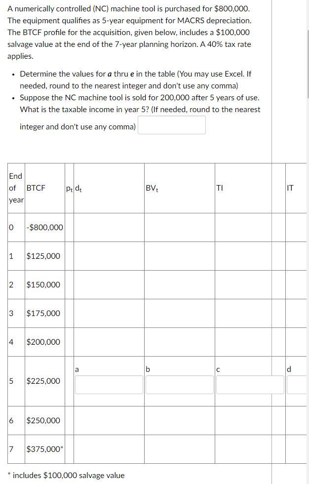  A numerically controlled (NC) machine tool is purchased for $800,000. The