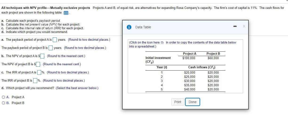  All techniques with NPV profileMutually exclusive projects Projects A and B,