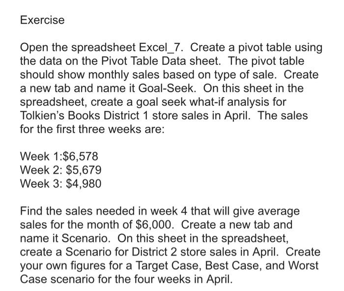  Exercise Open the spreadsheet Excel_7. Create a pivot table using the