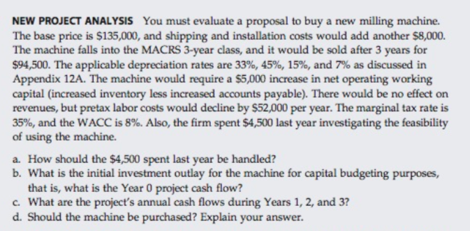  NEW PROJECT ANALYSIS You must evaluate a proposal to buy a