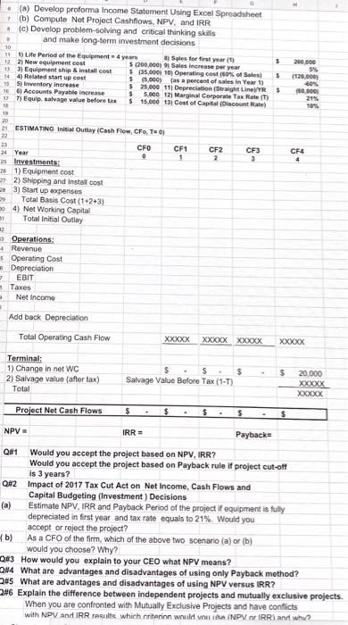 (a) Develop proforma Income Statement Using Excel Spreadsheet (b) Compute Net Project