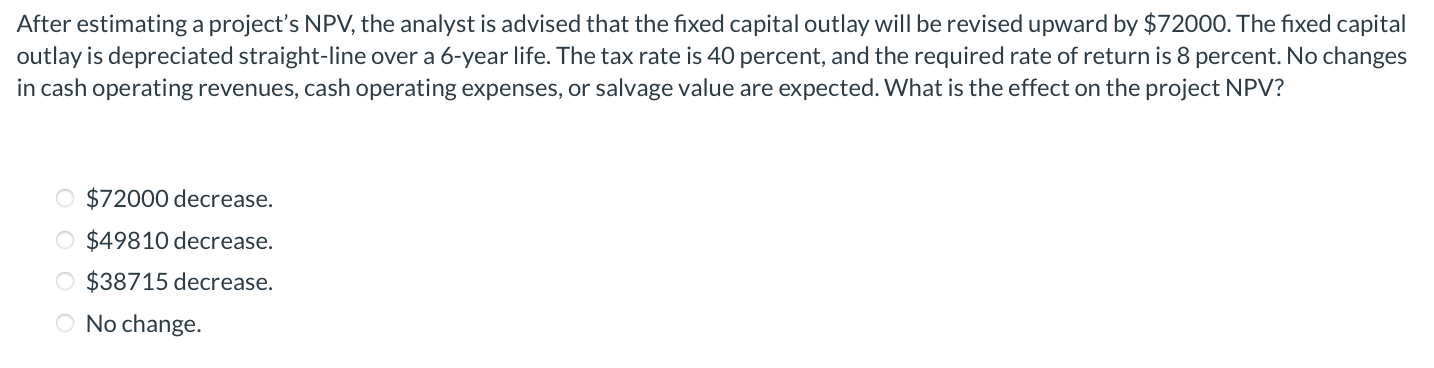  After estimating a project's NPV, the analyst is advised that the