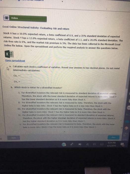  Video Excel Online Structured Activity: Evaluating risk and return Stock X