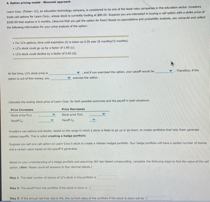  4. Option pricing model - Binomial approach Learn Corp. (Ticker: LC),