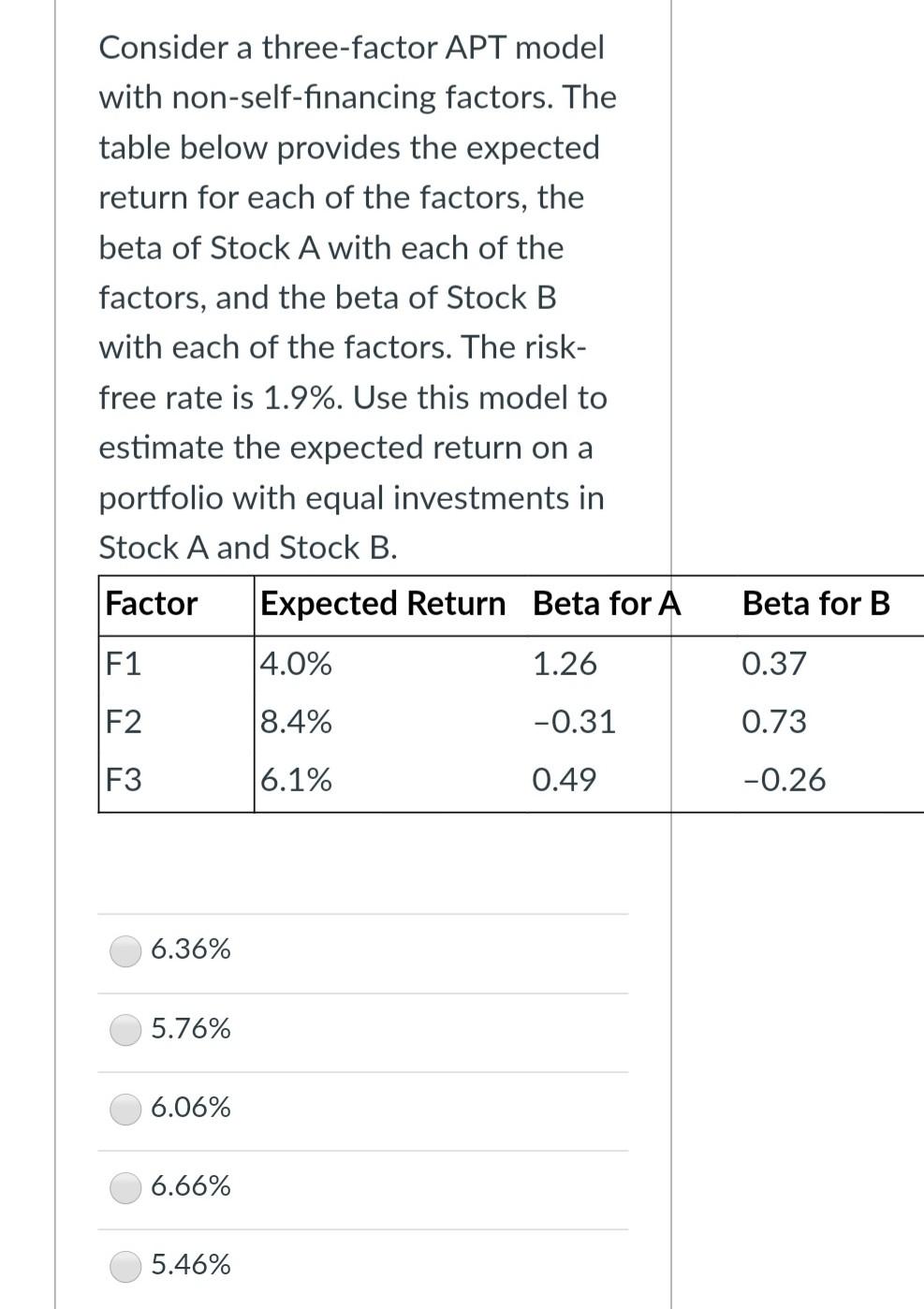  Consider a three-factor APT model with non-self-financing factors. The table below