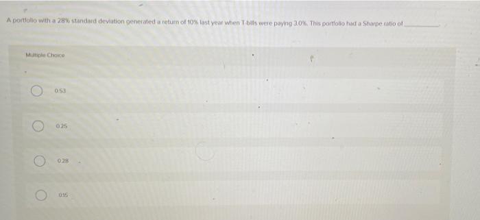  A portfolio with a 28% standard deviation generated a return of