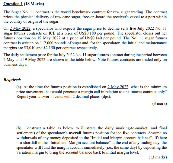 Question 1 (18 Marks) The Sugar No. 11 contract is the
