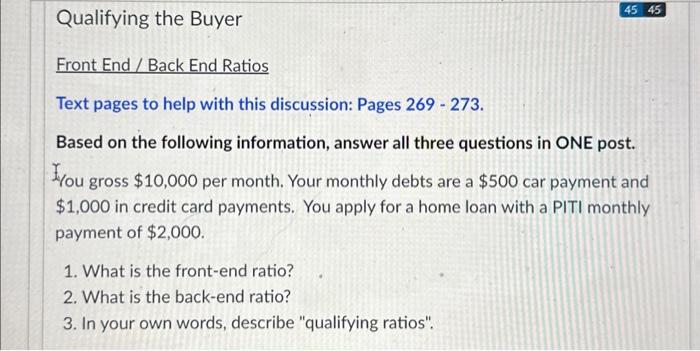  Qualifying the Buyer Front End / Back End Ratios Text pages