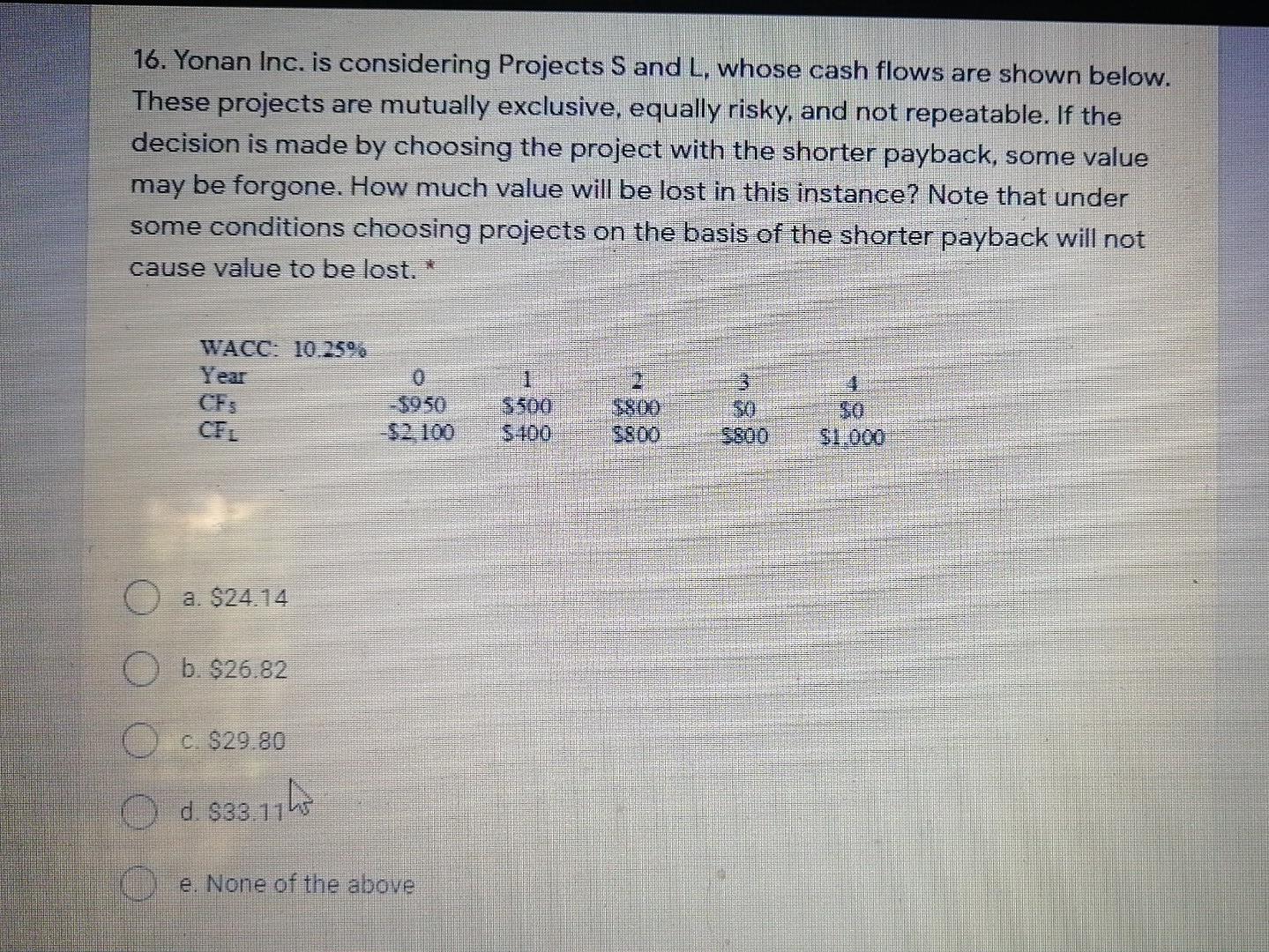  16. Yonan Inc. is considering Projects S and L, whose cash