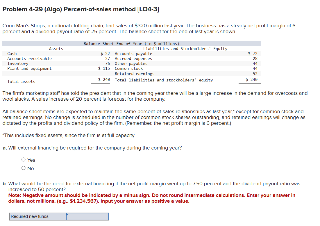  Problem 4-29(Algo) Percent-of-sales method [LO4-3] Conn Man's Shops, a national clothing