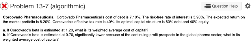 Problem 13-7 (algorithmic) Question Help Corcovado Pharmaceuticals. Corcovado Pharmaceutical's cost of
