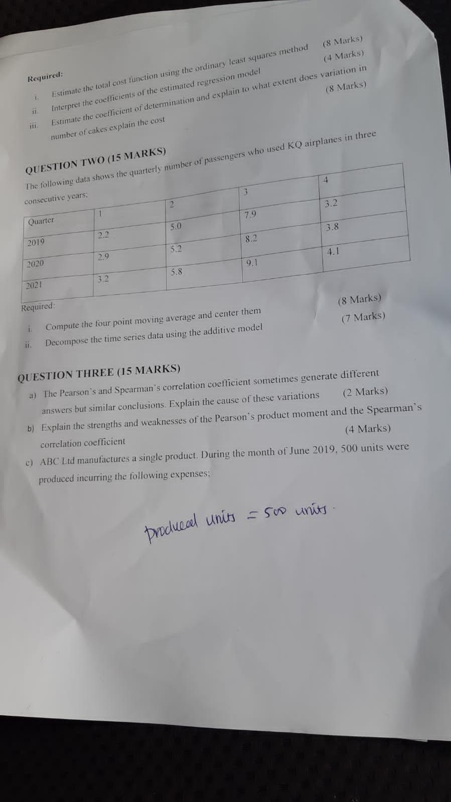  Required: (8 Marks) i Estimate the total cost function using the