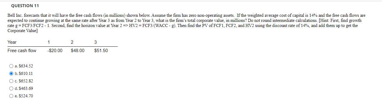  QUESTION 11 Bell Inc. forecasts that it will have the free