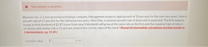  X Your answer is incorrect Blossom, toc. is a fast-growing technology