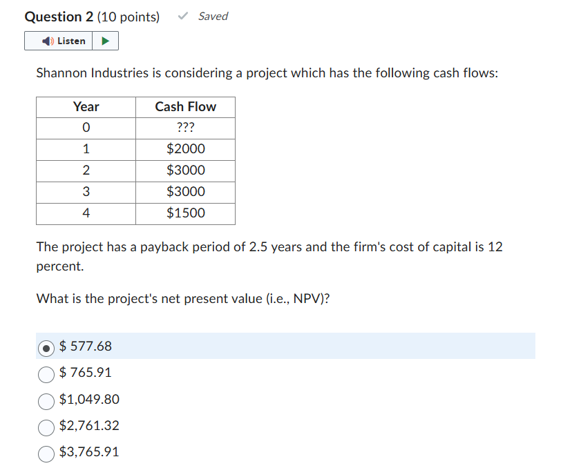  Question 2(10 points) Shannon Industries is considering a project which has