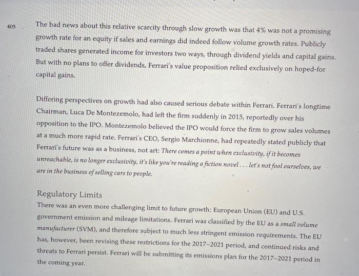 report should cover the following questions/topics: Ferrari believed its value arose from