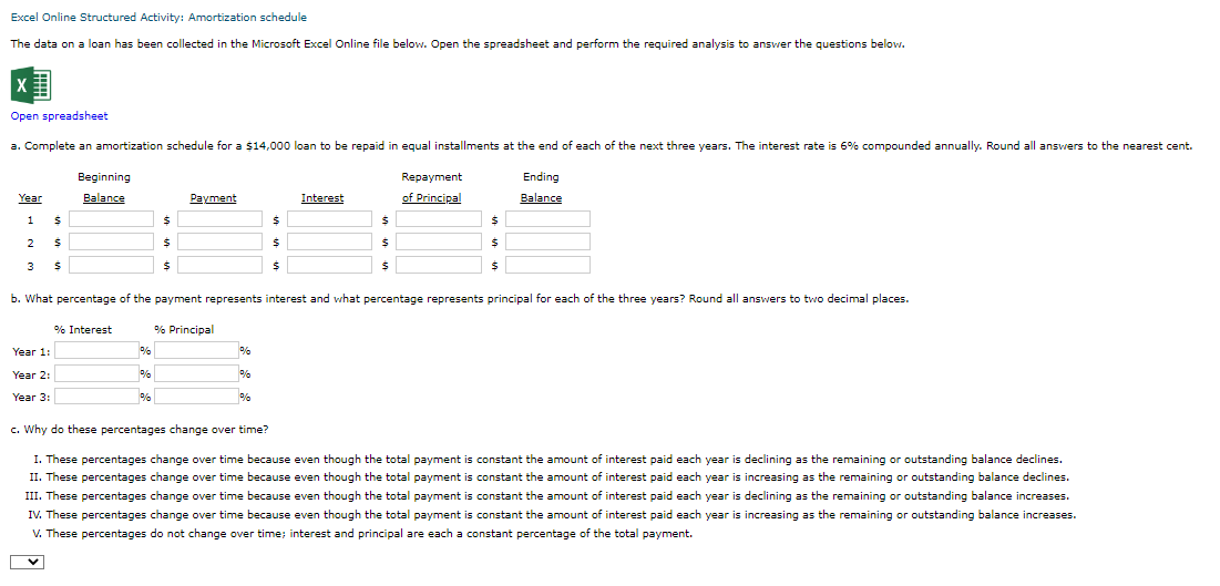 Excel Online Structured Activity: Amortization schedule The data on a loan