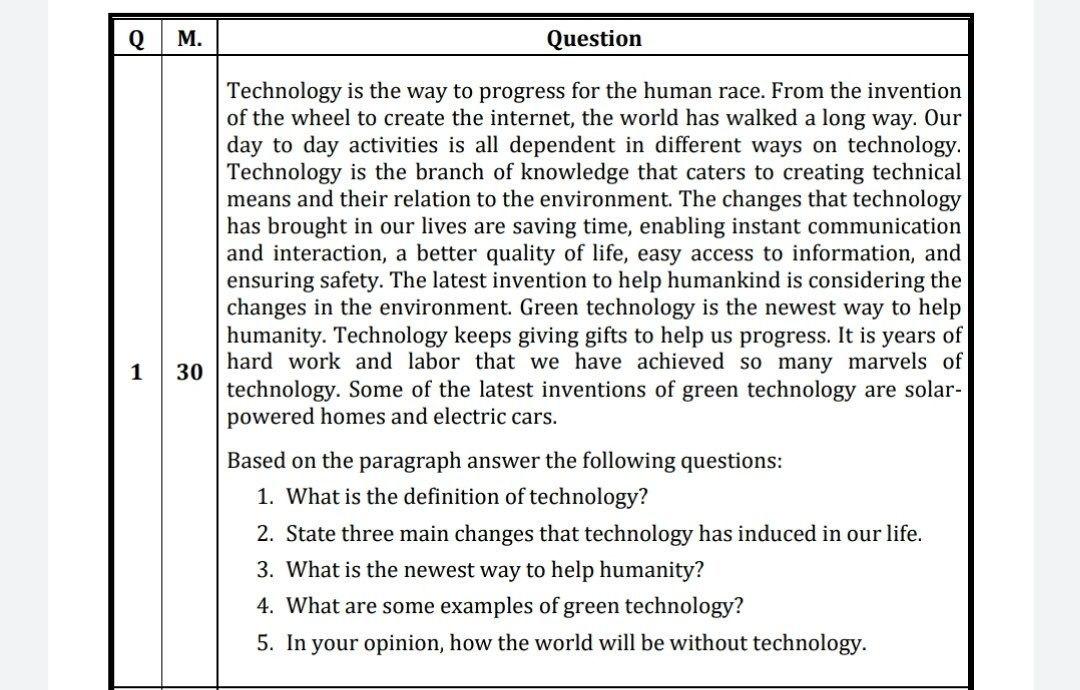  M. Question 1 30 Technology is the way to progress for
