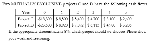  Two MUTUALLY EXCLUSIVE projects C and D have the following cash