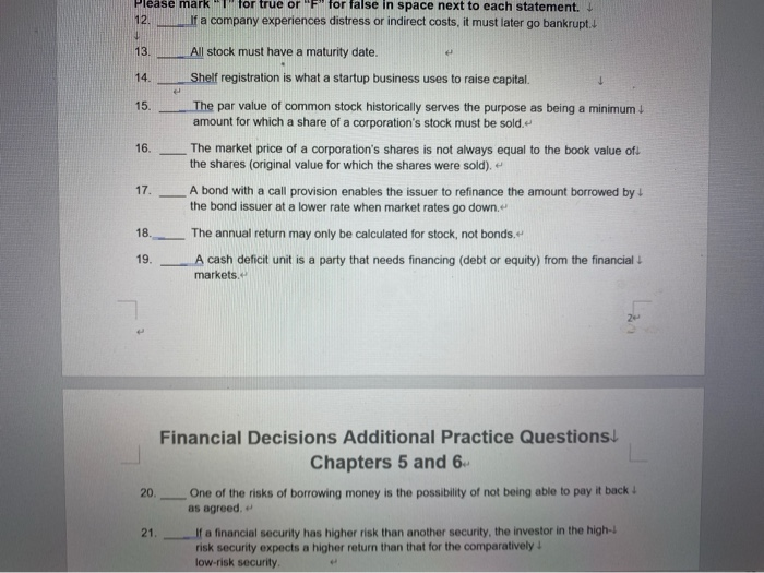  Please answer the question 12-21 mark true or false Please marki