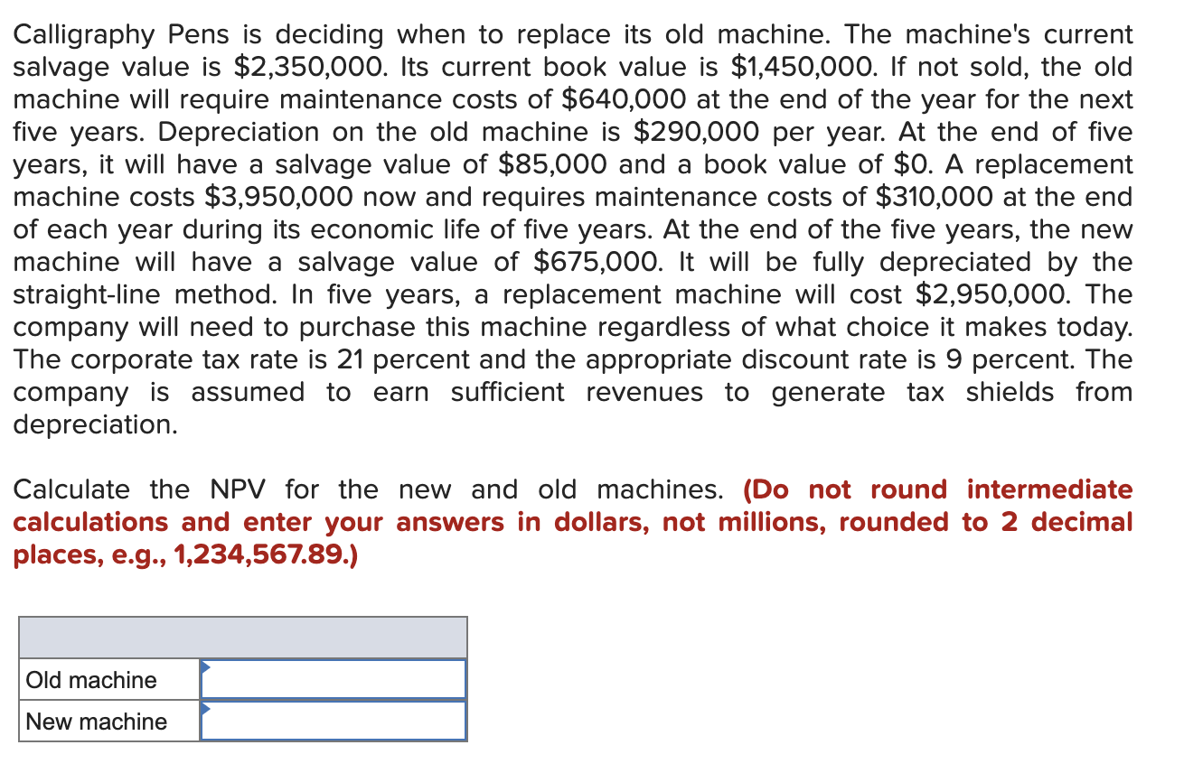Calligraphy Pens is deciding when to replace its old machine. The
