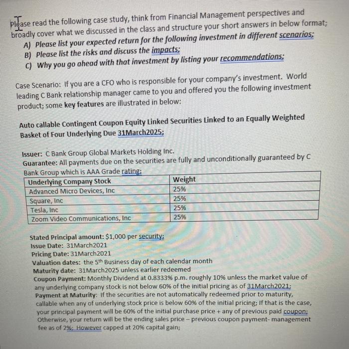  Please read the following case study, think from Financial Management perspectives