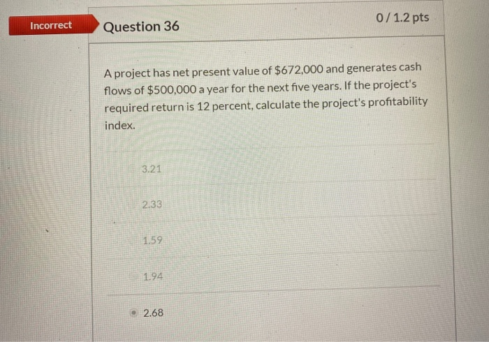  Incorrect Question 36 0/1.2 pts A project has net present value