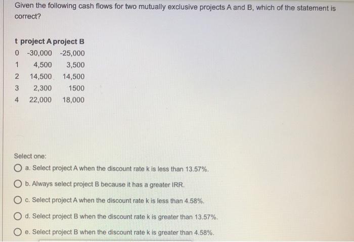  Given the following cash flows for two mutually exclusive projects A
