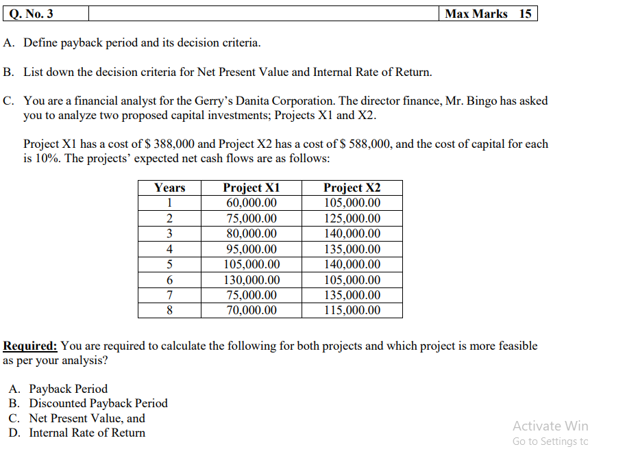 Q. No. 3 Max Marks 15 A. Define payback period and
