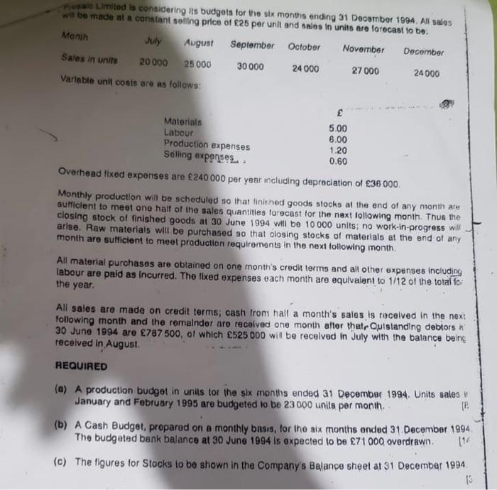 please provide working Prosalo Limited is considering Its budgets for the six