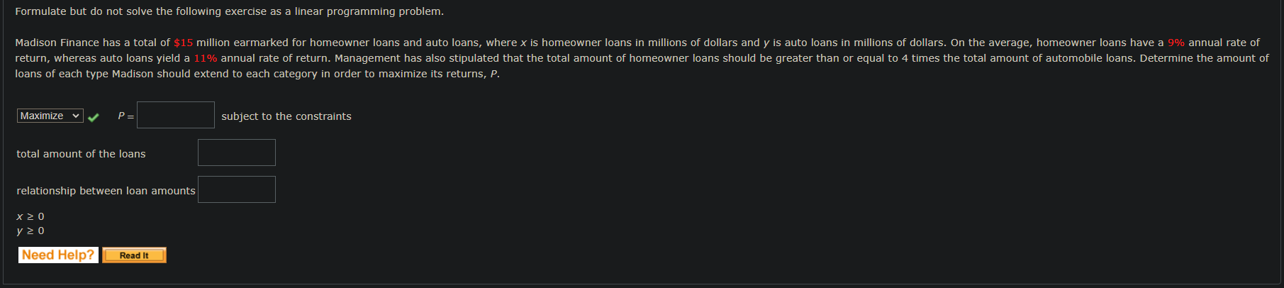 Formulate but do not solve the following exercise as a linear