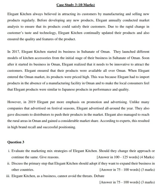  For lndustrial management Case Study 3 (10 Marks) Elegant Kitchen always
