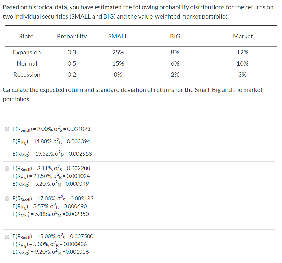  Based on historical data, you have estimated the following probability distributions
