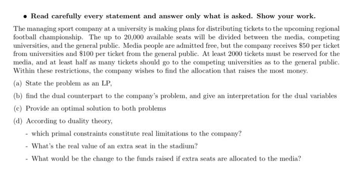 Optimization ModelsDuality Theory Read carefully every statement and answer only what is