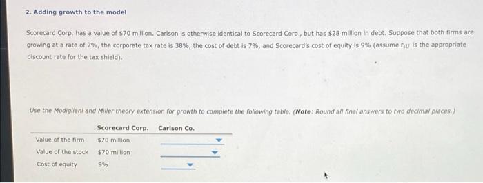 help. 2. Adding growth to the model Scorecard Corp, has a value