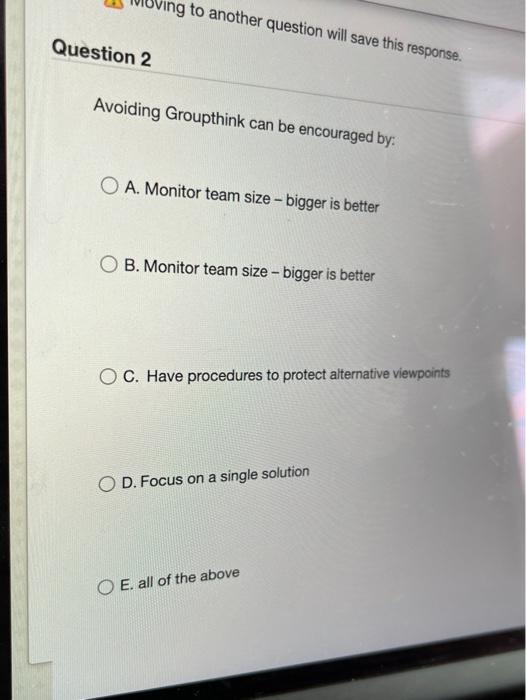  ing to another question will save this response. Question 2 Avoiding