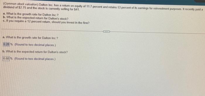 b) says it's wrong, can you please help? (Common stock valuation) Dalton