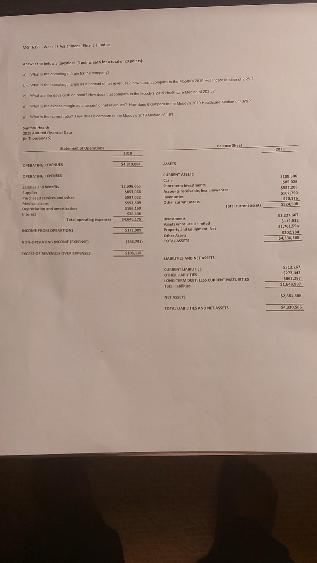 MGT 6355- Week \#3 Assignment - Financial Ratios Answer the below