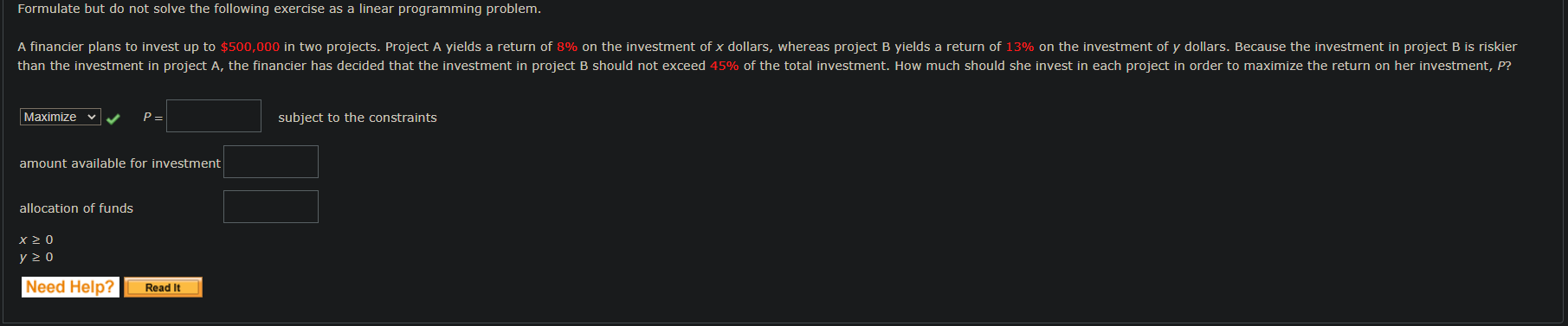 Formulate but do not solve the following exercise as a linear