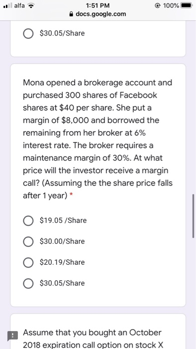  . alfa 100% 1:51 PM docs.google.com O $30.05/Share Mona opened a