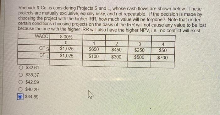  Roebuck & Co. is considering Projects S and L, whose cash