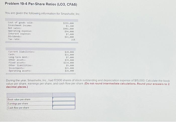  Problem 19-4 Per-Share Ratios (LO3, CFA6) You are given the following