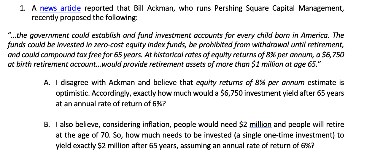 Please provide work and steps (Excel formulas, etc.) 1. A news article