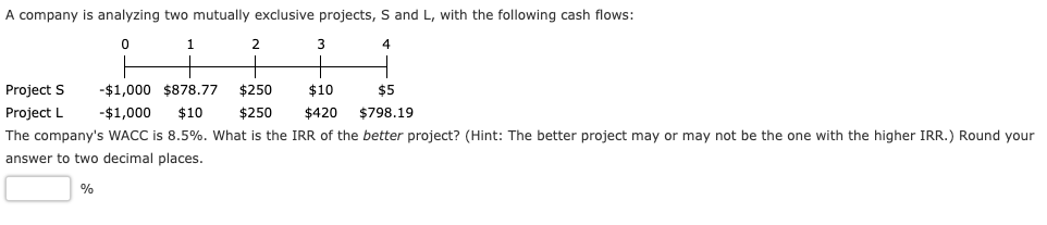 A company is analyzing two mutually exclusive projects, S and L,