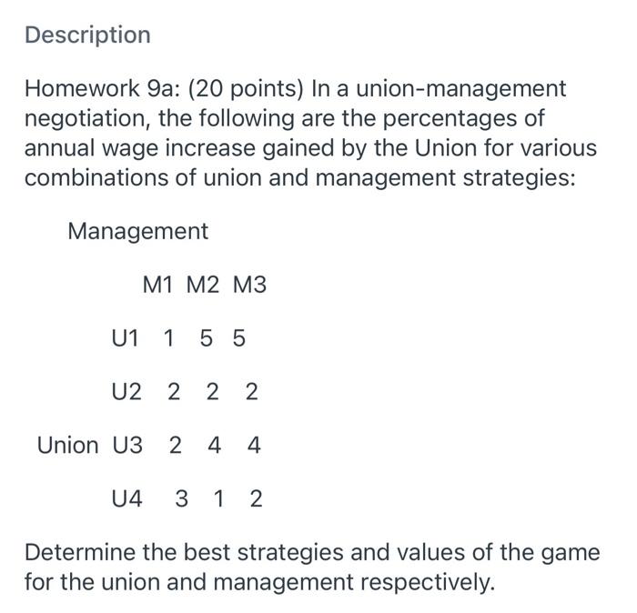  Description Homework 9a: (20 points) In a union-management negotiation, the following