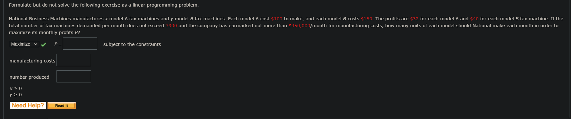  Formulate but do not solve the following exercise as a linear