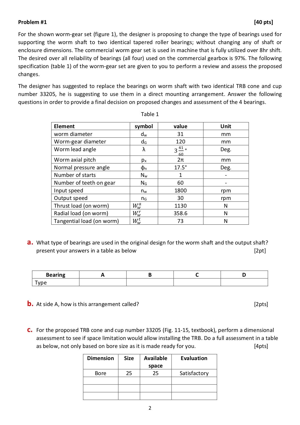  Problem #1 [40 pts] For the shown worm-gear set (figure 1),