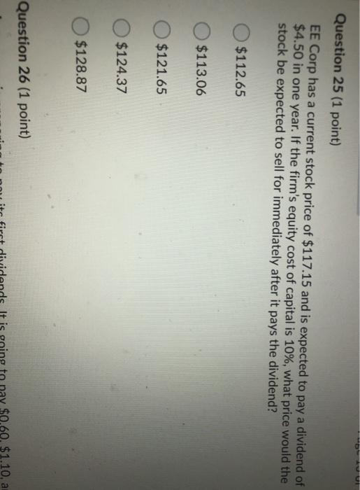  Question 25 (1 point) EE Corp has a current stock price