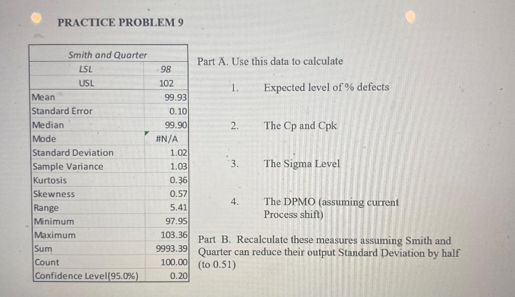 PRACTICE PROBLEM 9 Part A. Use this data to calculate 98